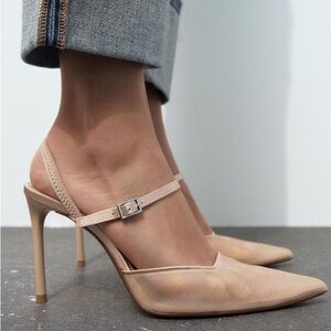 Zara Beige Pink Heeled Mesh Shoes